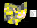 Map of Ohio showing eBird checklist numbers by county